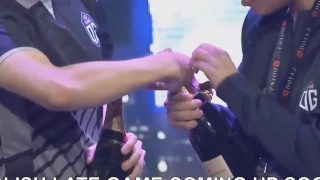 OG cheers with champagne after winning TI9