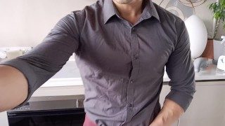 Husband comes home from work, shirt was too tight, veins popping cum eating
