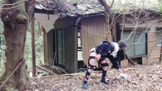Masturbation perverted transgender tearing clothes in an abandoned house in the forest.